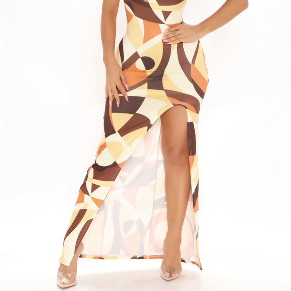 Brown multi colored,geometric shaped design maxi long tube dress,Large - Picture 6 of 14